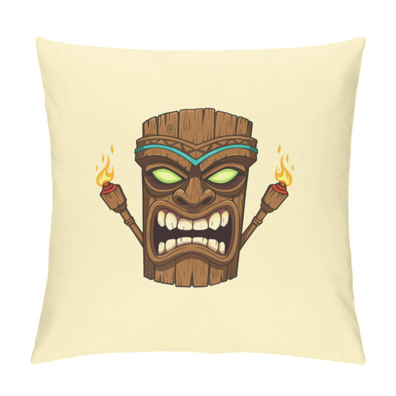 Personality  A Cartoon Illustration Depicts An Angry Tiki Idol With Glowing Eyes Holding Flaming Torches. Pillow Covers