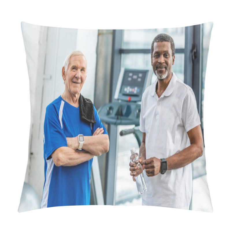 Personality  Happy Multicultural Mature Sportsmen With Smartwatches Standing At Gym Pillow Covers