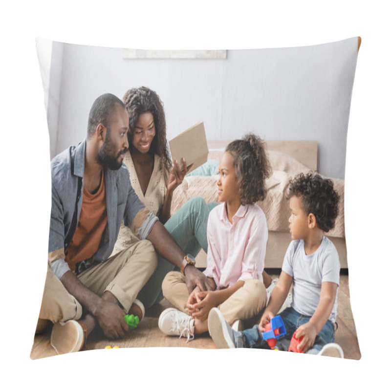 Personality  African American Family Sitting On Floor Near Building Blocks And Mom Holding Book  Pillow Covers