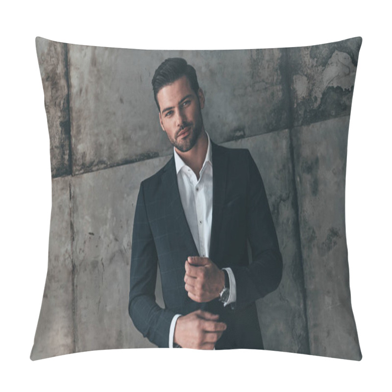 Personality  Handsome Macho Man In Suit Adjusting Jacket And Looking At Camera With Smile  Pillow Covers