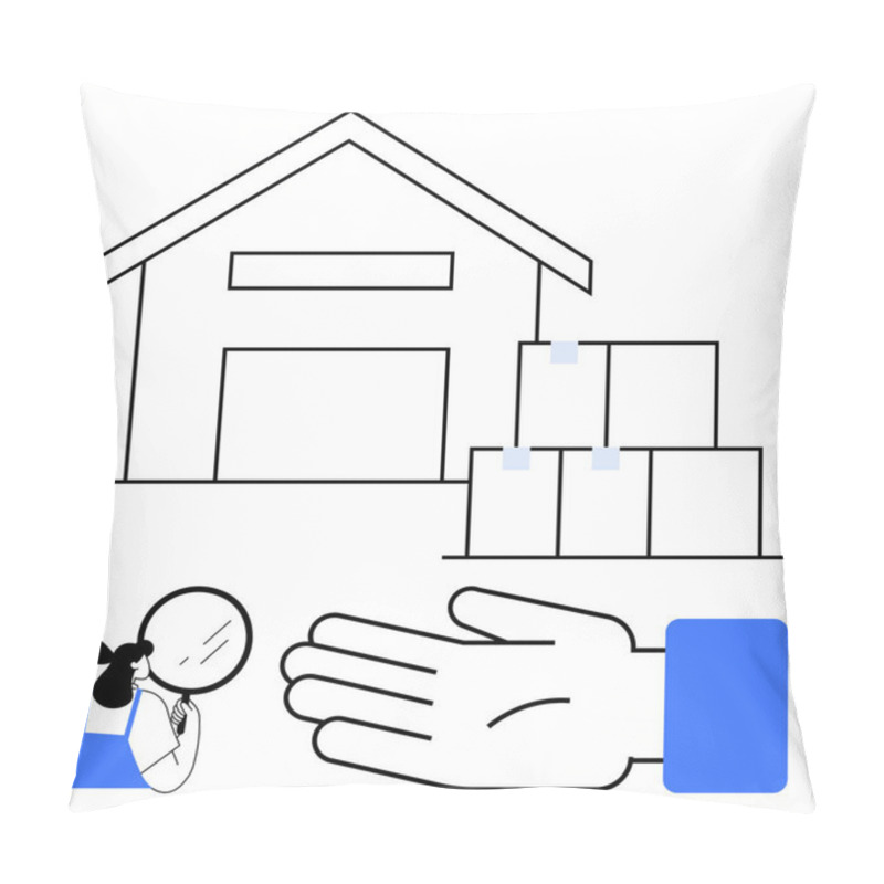 Personality  Warehouse, Person With Magnifying Glass, Stacked Boxes, And Gesturing Hand. Ideal For Logistics, Storage, Delivery, Inspection Process Organization Efficiency. Line Metaphor Pillow Covers