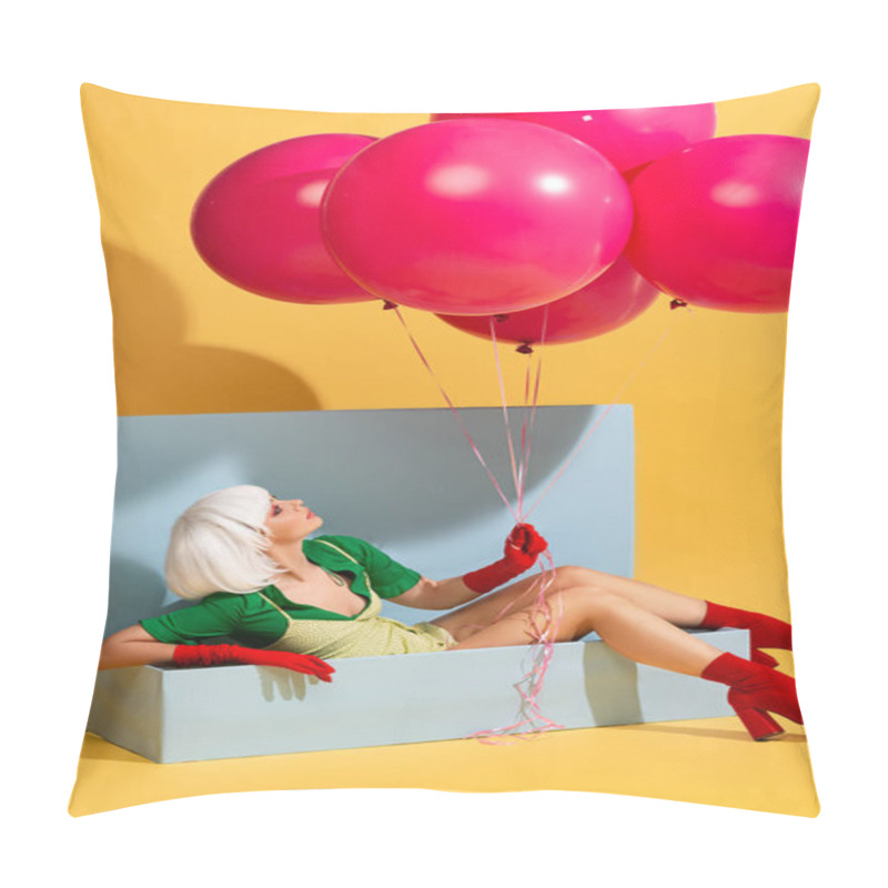 Personality  Attractive Pop Art Girl In White Wig As Doll Sitting In Blue Box And Holding Balloons, On Yellow Pillow Covers