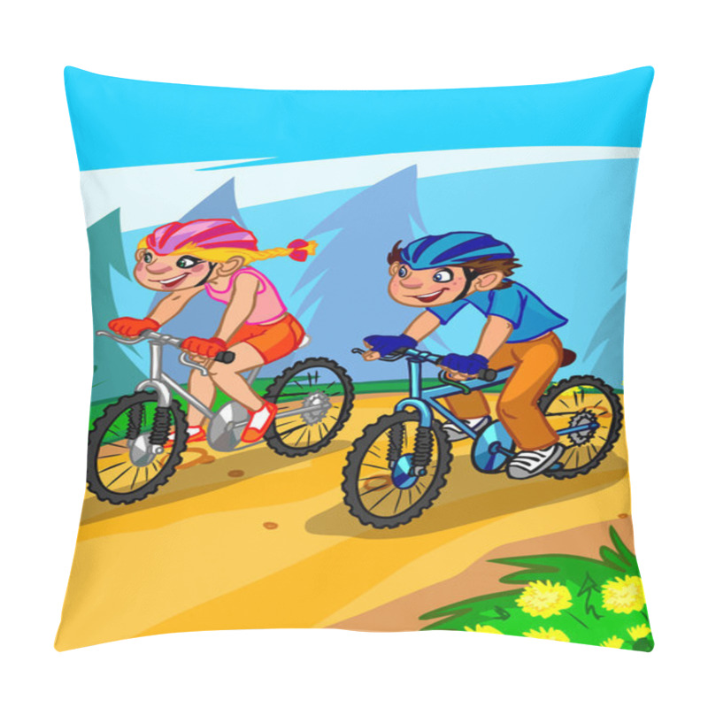 Personality  The Illustration Of Cartoon Teenagers On Bicycle. Pillow Covers