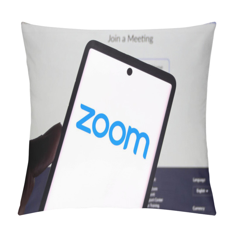 Personality  Montreal, Canada - March 22, 2020: Zoom App And Logo On Screen. Zoom Communications Is Remote Conferencing Services Company. It Provides A Remote Conferencing Services Like Meetings, Calls, Chat Pillow Covers