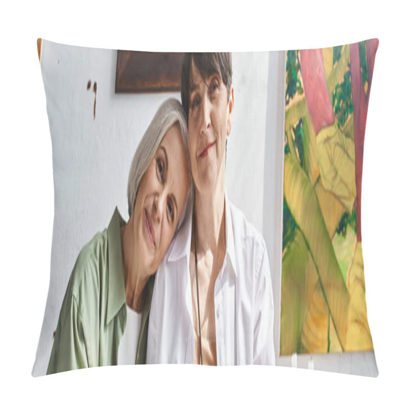 Personality  A Mature Lesbian Couple Sitting Together In An Art Studio. Pillow Covers