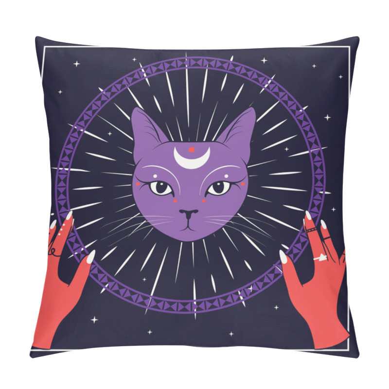 Personality  Violet Cat Face With Moon On Night Sky With Ornamental Round Frame. Red Hands. Magic, Occult Symbols. Pillow Covers