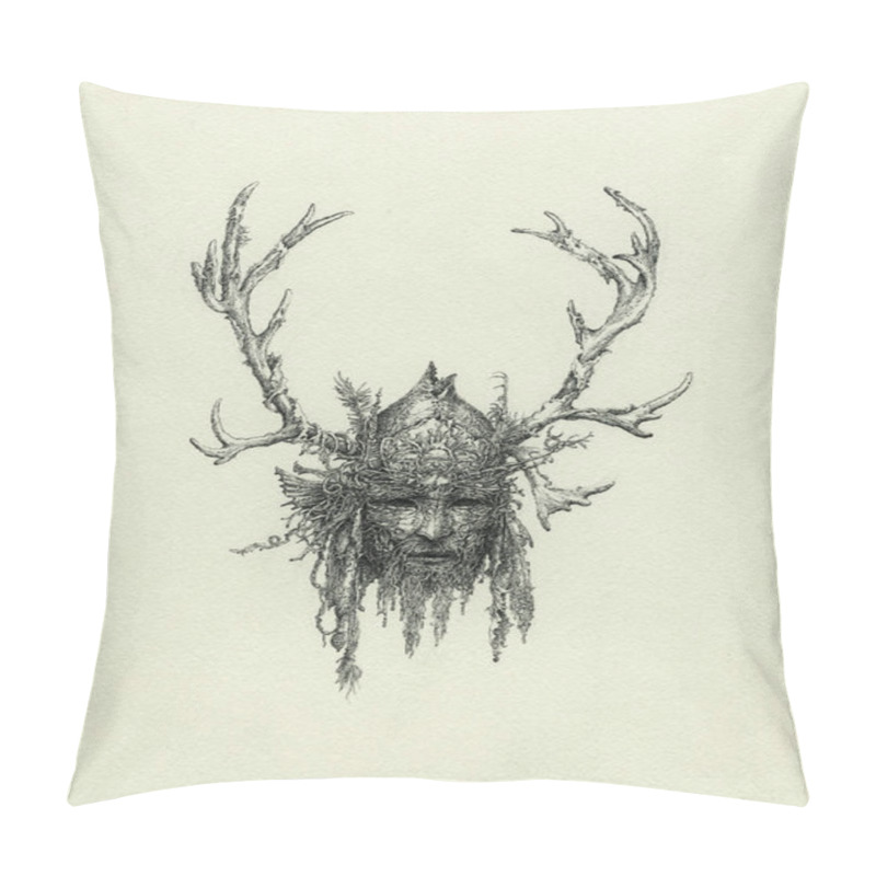 Personality  Handmade Drawing Of A Shaman Mask With Antlers, Ink On Paper. Pillow Covers