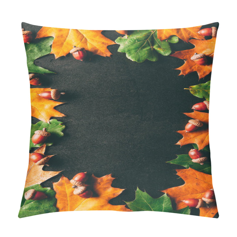 Personality  Flat Lay With Acorns And Fallen Oak Leaves On Black Tabletop Pillow Covers