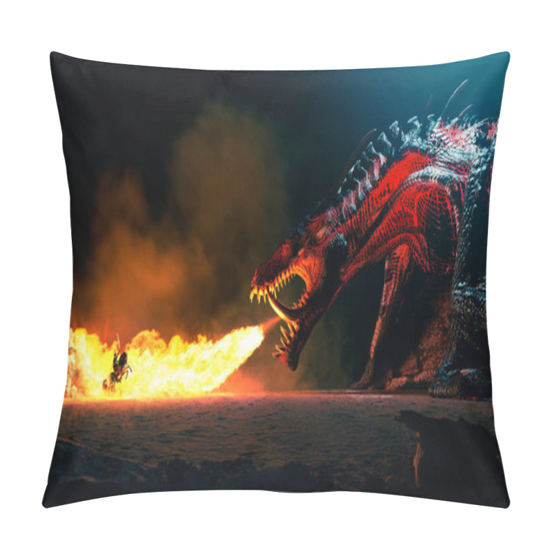 Personality  Giant Dragon Explode A Fire Breathe On A Heroic Medieval Knight On A Horse In A Black Night, The Epic Battle Between Good And Evil - Concept Art - 3D Rendering Pillow Covers