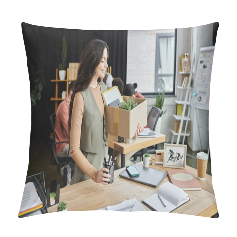 Personality  Woman Reflect On Changes While Packing Personal Items, Colleagues On Backdrop. Pillow Covers