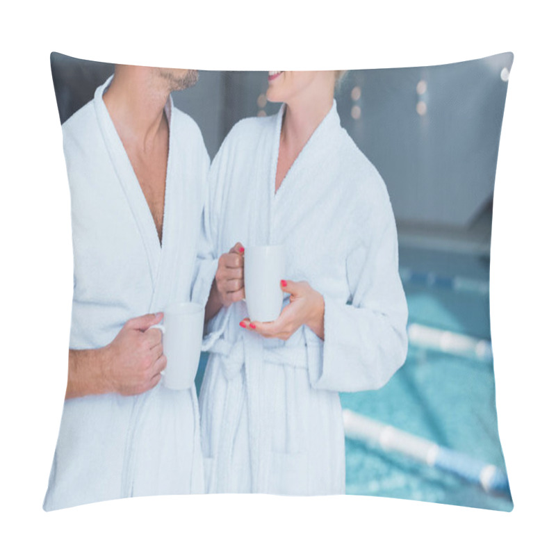 Personality  Cropped View Of Cheerful Man And Woman Standing Near Swimming Pool With Cups Pillow Covers