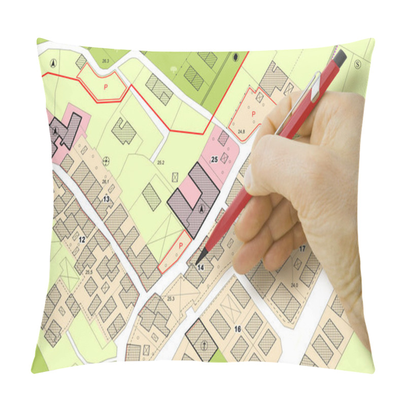 Personality  Engineer Drawing Over An Imaginary General Urban Plan Of Territory With Buildings, Roads And Land Parcel - Note: The Map Is Totally Invented And Does Not Represent Any Real Place Pillow Covers