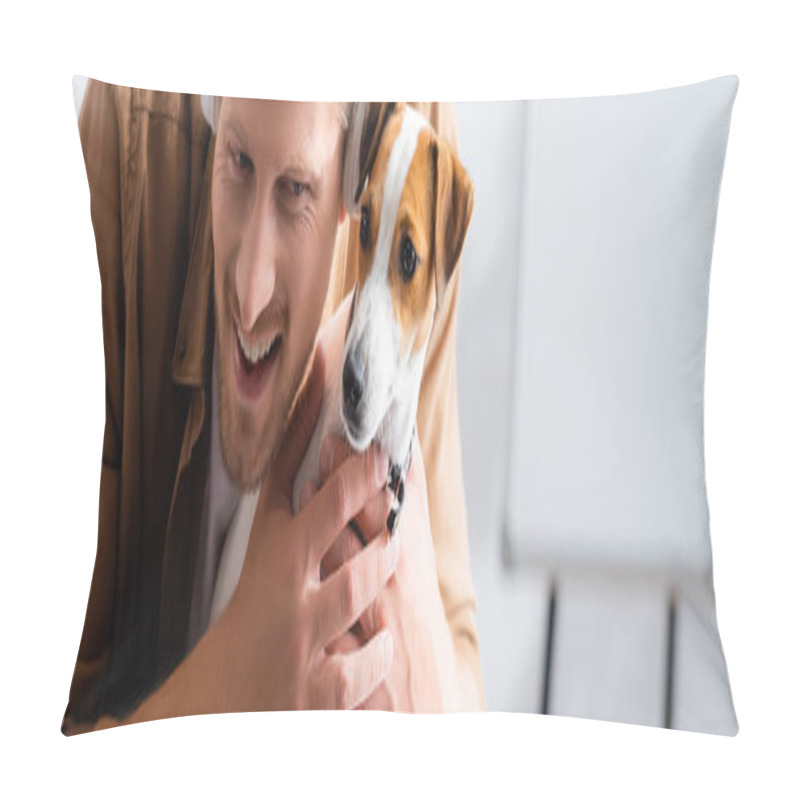 Personality  Horizontal Image Of Businessman In Wireless Headphones Cuddling Jack Russell Terrier Dog In Office Pillow Covers