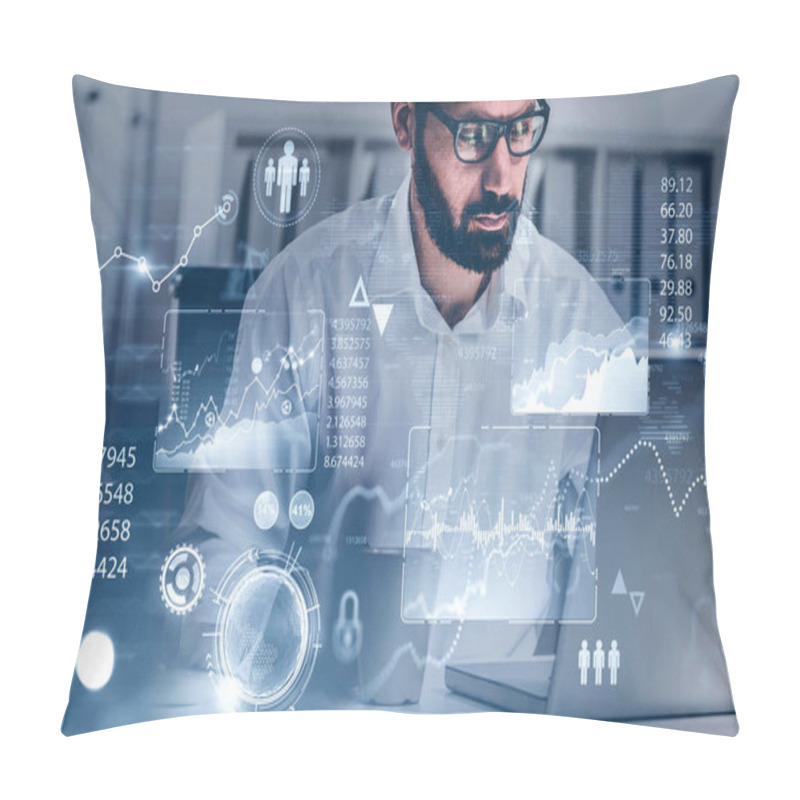 Personality  Serious Bearded Businessman In Glasses Reading Financial Report In Blurry Office With Double Exposure Of HUD Infographic Interface. Concept Of Statistics And Data Analysis. Toned Image Pillow Covers