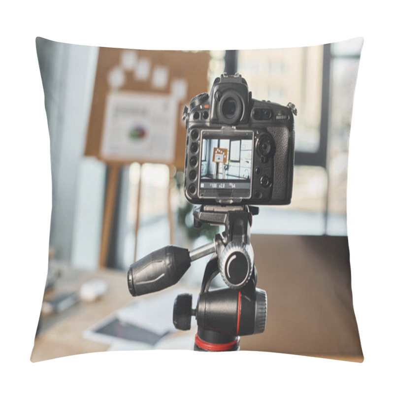 Personality  Selective Focus Of Professional Digital Camera In Modern Office Environment On Blurred Background Pillow Covers