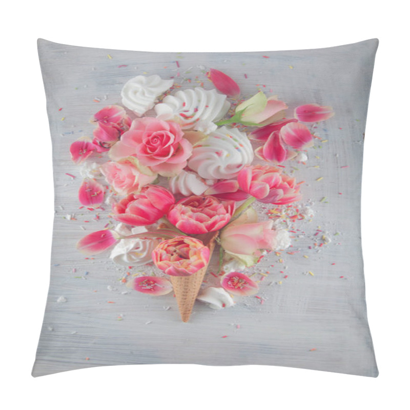 Personality  Flatlay Waffle Sweet Ice Cream Cone With Pink Tulips And Roses Blossom Flowers Over White Wood Background, Top View. Spring Or Summer Mood Concept. Pillow Covers