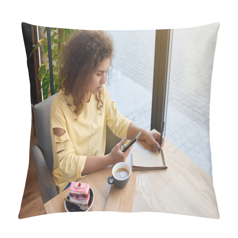 Personality  Pretty Curly Girl Writing Notes, Drinking Coffee In Caffee. Pillow Covers