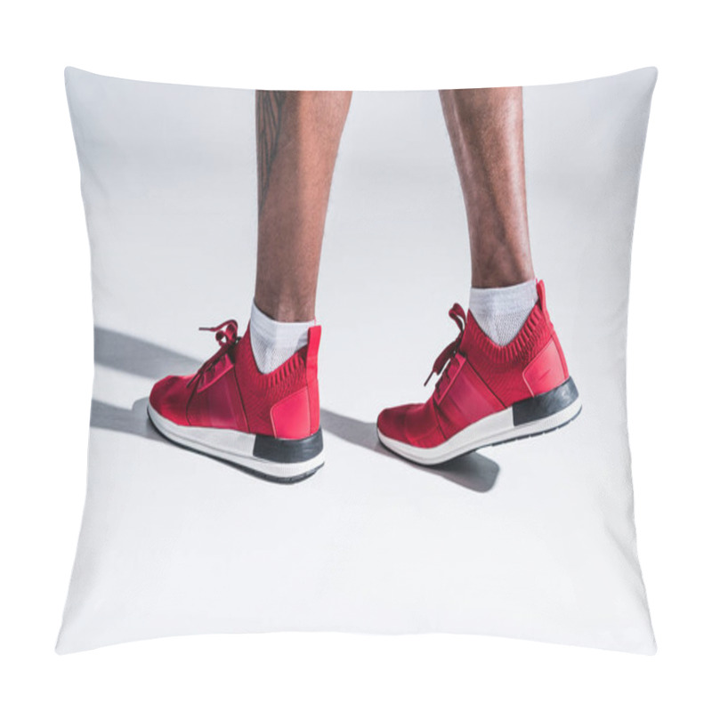 Personality  Cropped Shot Of African American Man In Sports Shoes On Grey  Pillow Covers