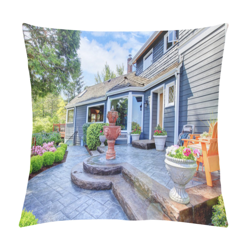 Personality  Blue House Entrance With Fountain And Nice Patio. Pillow Covers