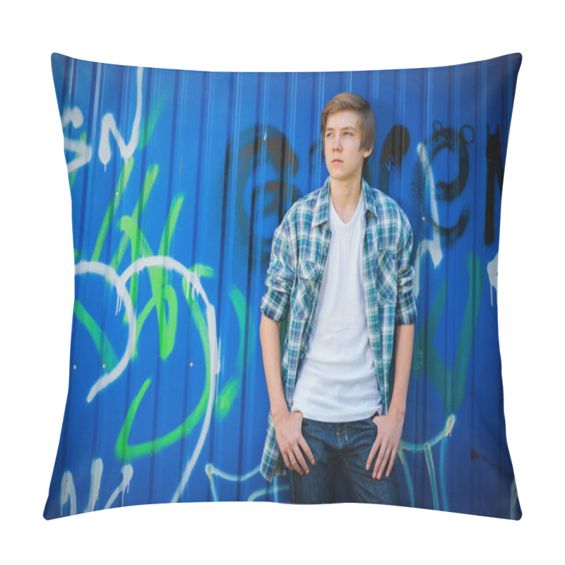 Personality  Young Smile Teenager In Front Of Blue Graffiti Pillow Covers