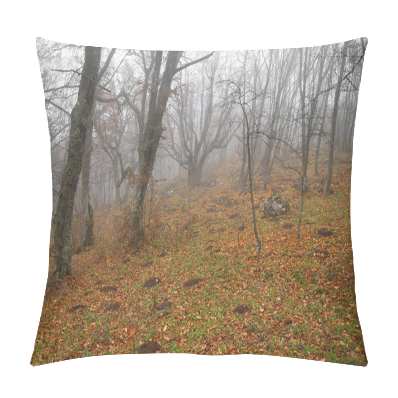 Personality  Autumn Misty Forest With Fallen Leaves. Pillow Covers