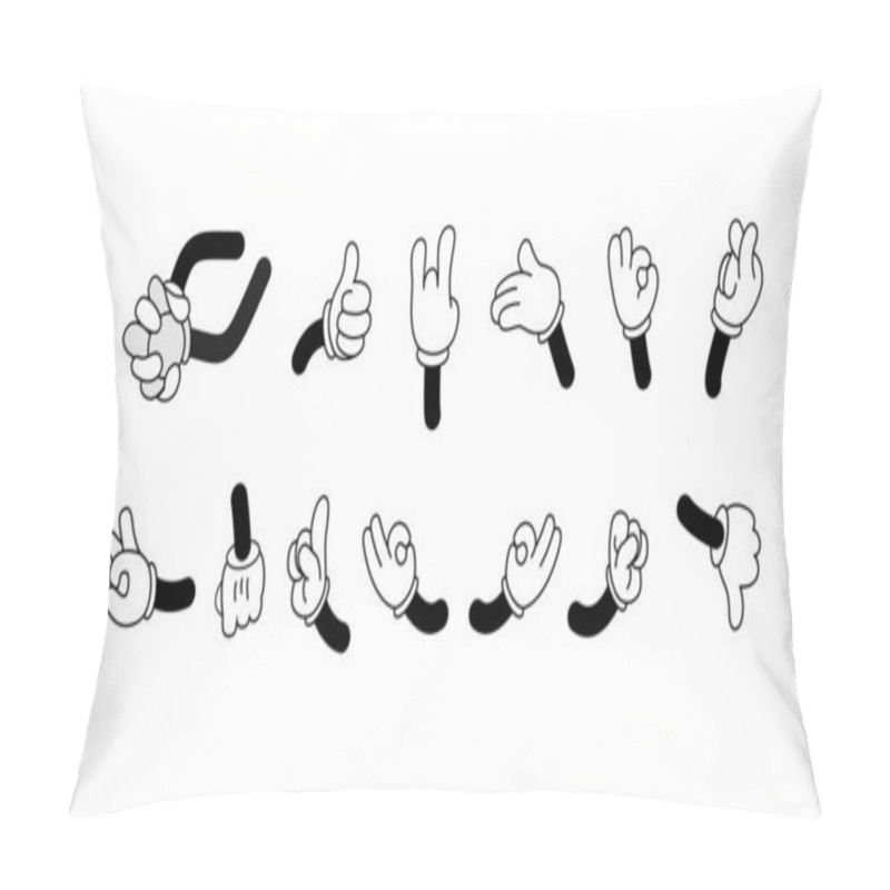 Personality  Retro Cartoon Arms Gestures And Hands Poses. Comic Funny Character Hands In Glove. Vector Illustratio Pillow Covers