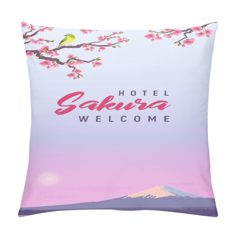 Personality  Design Banner For Hotels And Restaurant. Realistic Graphics Of Japanese Nightingale And Sakura On A Background Of Fuji. Uguisu On A Branch Of Blossoming Cherries. Fudjiyama In The Sun. Pillow Covers