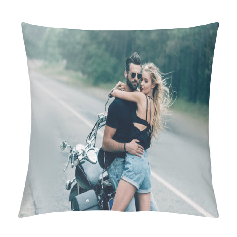 Personality  Young Sexy Couple Of Motorcyclists Embracing Near Black Motorcycle On Road Near Green Forest Pillow Covers