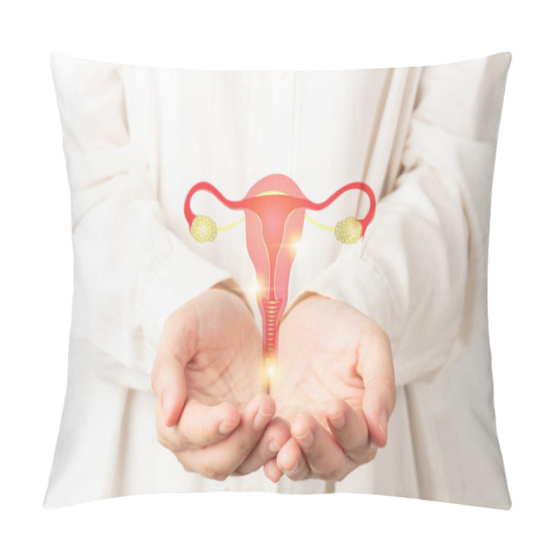 Personality  Healthy Uterus And Ovaries Anatomy On Doctor Hands. Awareness Of Women Health Care Such As Endometriosis Disease, PCOS, STDs, Ovarian Or Cervical Cancer Screening. Gynecology And Reproductive System. Pillow Covers