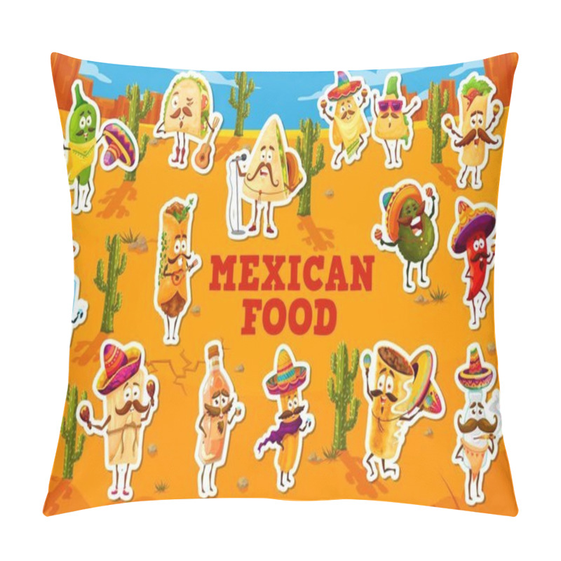 Personality  Mexican Food Characters Stickers. Taco, Quesadilla, Burrito And Guacamole, Avocado, Chili Pepper, Tequila, Pulque Bottle And Churro, Nacho Chips And Tamale. Fun Mexico Cuisine Personage Vector Patches Pillow Covers