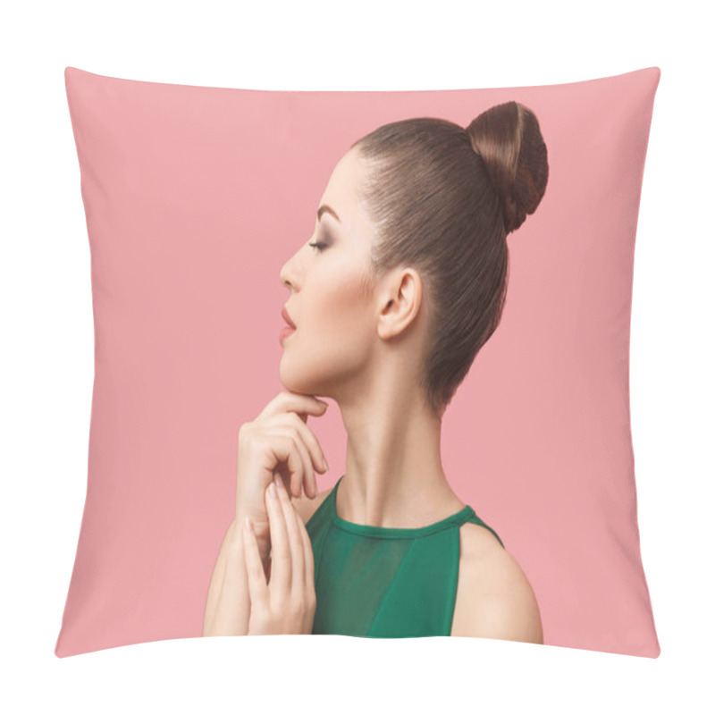 Personality  Side View Of Calm Serious Woman With Bun Hairstyle And Makeup In Green Dress Standing With Closed Eyes And Touching Chin On Pink Background  Pillow Covers