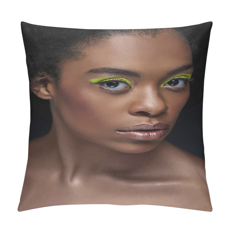 Personality  Portrait Of Beautiful African American Model With Bright Neon Makeup And Bare Shoulders Isolated On Black Pillow Covers