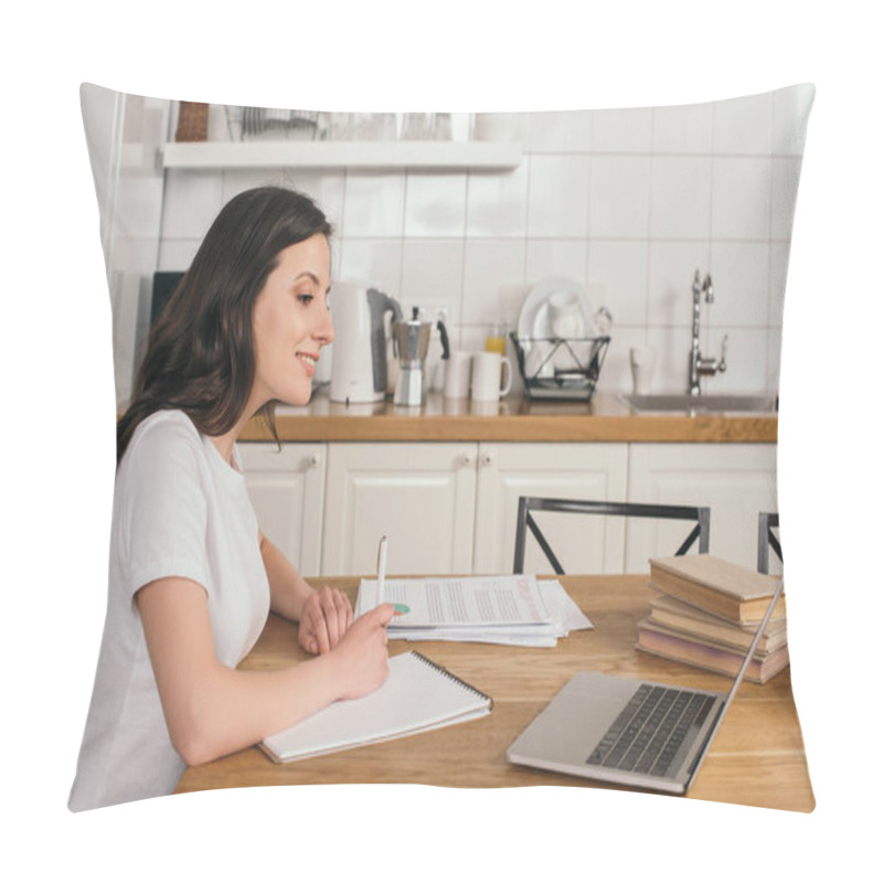 Personality  Cheerful Freelancer Looking At Laptop And Writing In Notebook, Online Study Concept Pillow Covers