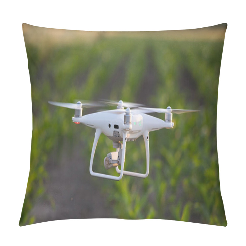 Personality  Close Up Of Flying Drone Above Corn Field. Agricultural And Technology Innovations In Production Pillow Covers