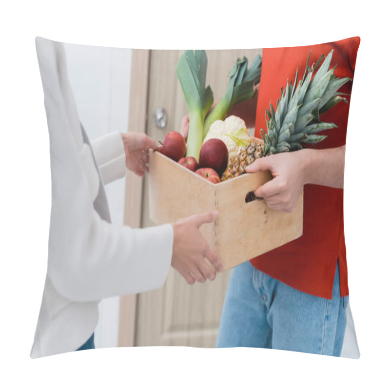 Personality  Cropped View Of Courier Holding Box With Fresh Food Near Woman In Hallway  Pillow Covers