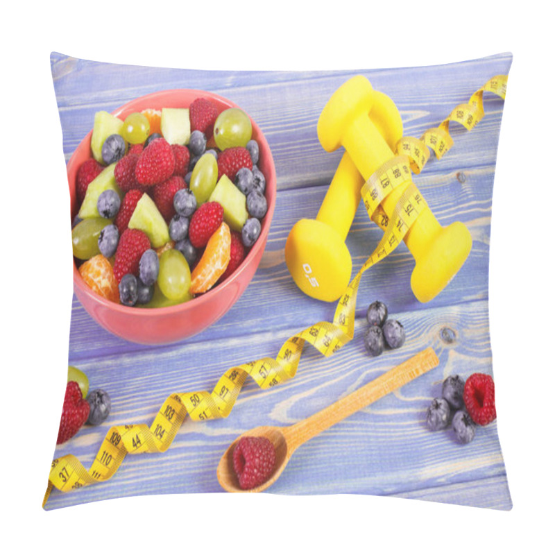 Personality  Fruit Salad And Centimeter With Dumbbells, Healthy Lifestyle And Nutrition Concept Pillow Covers