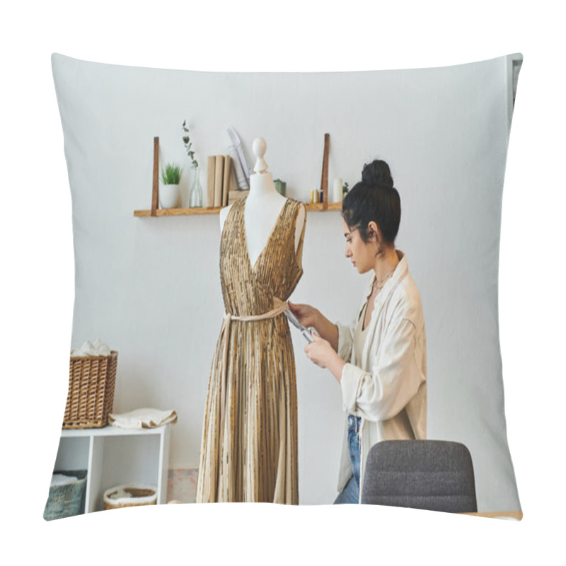 Personality  Young Woman In Casual Attire Upcycling A Dress On A Mannequin, Showcasing An Eco-friendly Concept. Pillow Covers