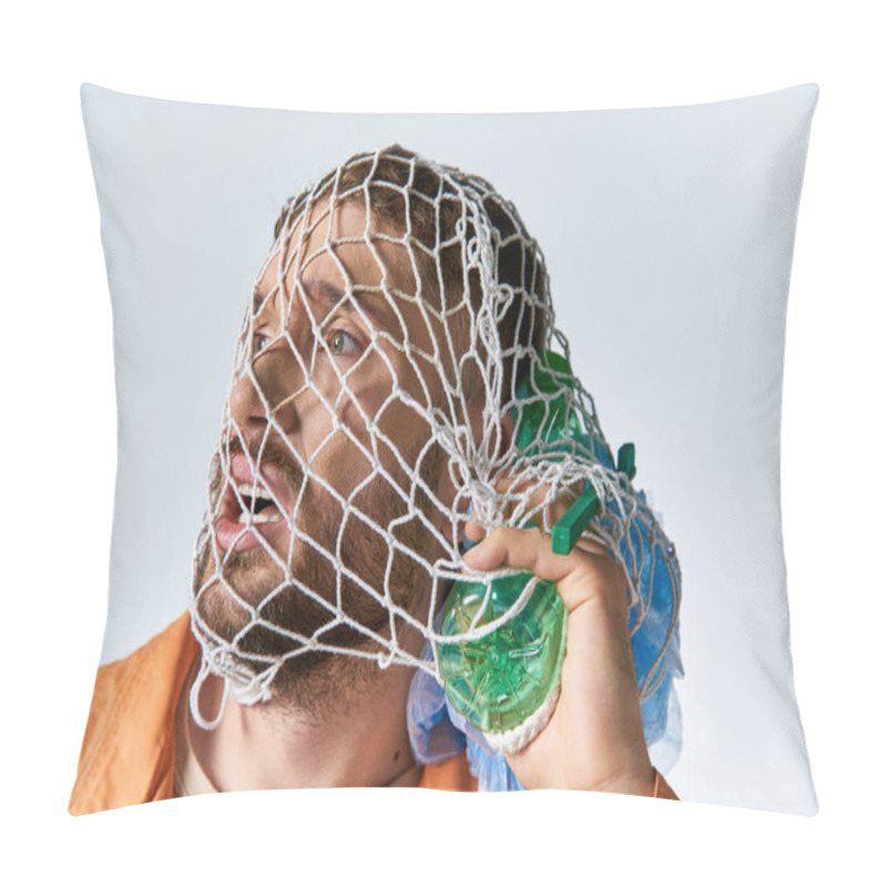 Personality  A Man Struggles Against A Net Of Plastic, His Face Contorted In Distress. Pillow Covers