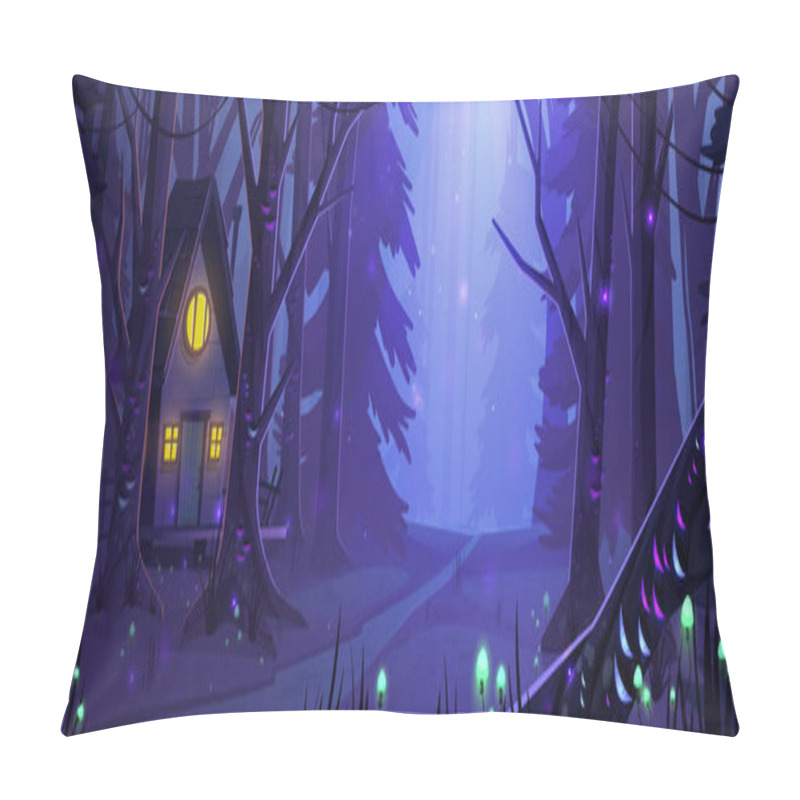 Personality  Witch House In Dark Wood With Glowing Mushrooms Grow On Trees And Ground. Night Forest Landscape With Old Shack And Fireflies Flying Around. Fantasy Game Mystic Background, Cartoon Vector Illustration Pillow Covers