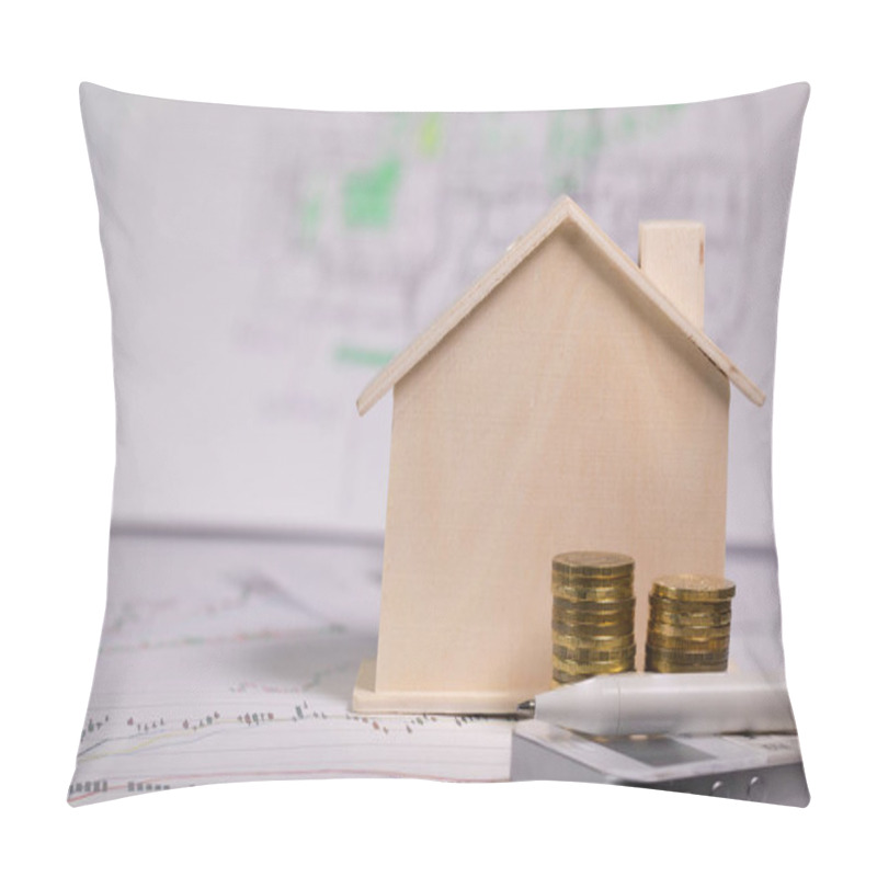 Personality  Small Wooden House, Coins, Pen And Calculator On Technical Drawing. Closeup Pillow Covers