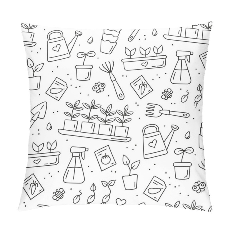 Personality  Seamless Pattern With Seeds And Seedlings. Germination Of Sprouts. Tools And Pots For Planting Pillow Covers