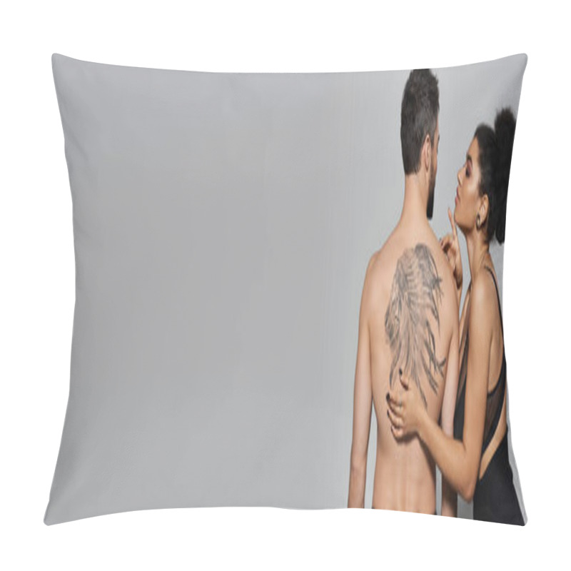 Personality  A Couple Stands Close, The Woman Admiring The Mans Intricate Back Tattoo With Affection. Pillow Covers