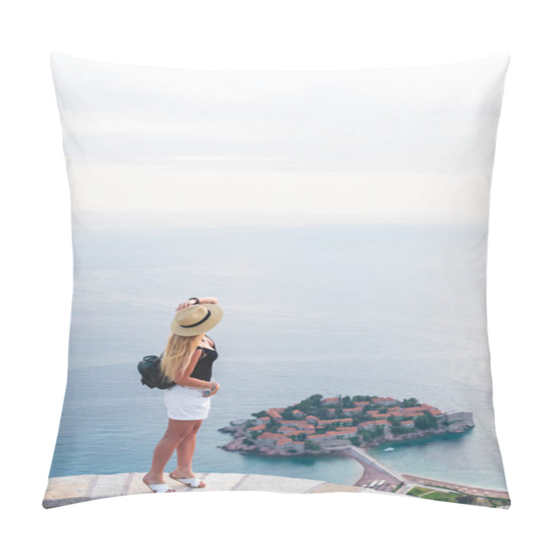 Personality  Woman Standing On Viewpoint And Looking At Saint Stephen Island In Adriatic Sea, Budva, Montenegro  Pillow Covers