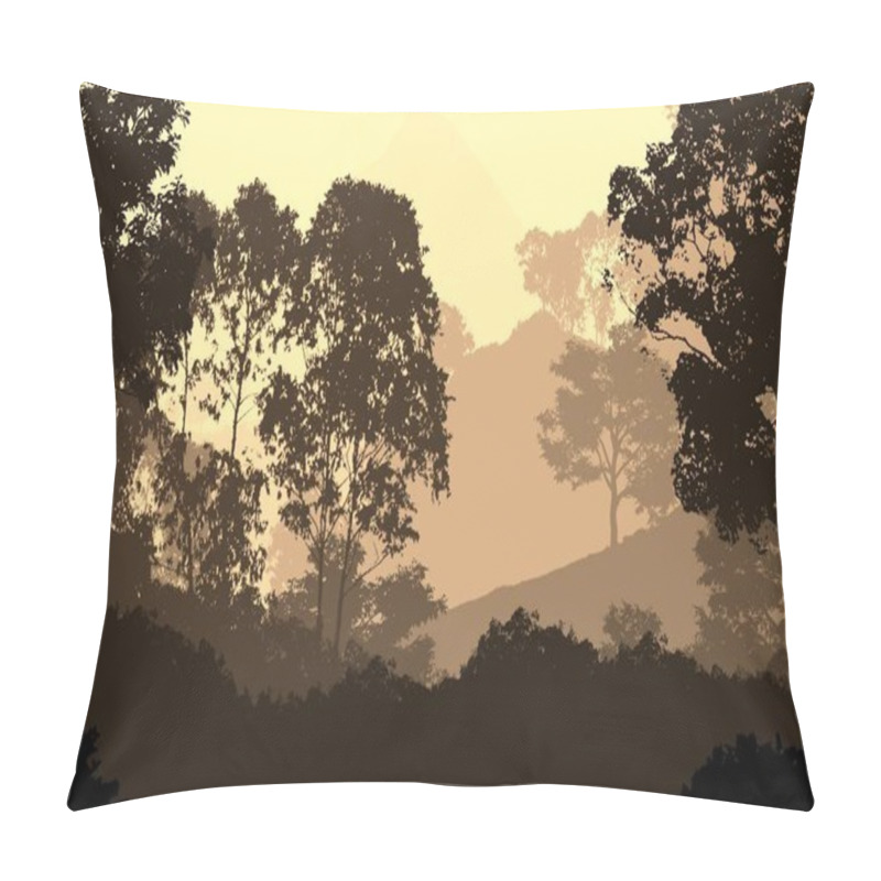 Personality  Abstract Backdrop With Misty Mountains In Fog And Forest Haze. Pillow Covers