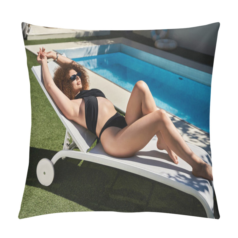 Personality  A Woman With Curly Hair Relaxes On A Lounge Chair Next To A Pool On A Sunny Day, Wearing A Black Swimsuit. Pillow Covers