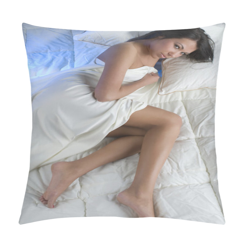 Personality  Cute Brunette In Bed Looking At The Camera With Sensual Look Pillow Covers