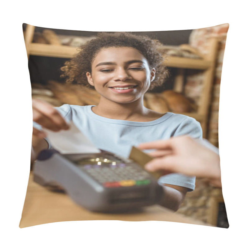 Personality  Close-up Shot Of Happy Cashier With Pos Terminal Receiving Purchase From Client At Pastry Store Pillow Covers