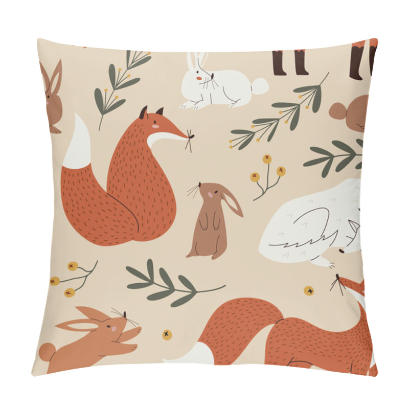 Personality  Seamless Pattern With Wild Forest Animals, Fox, Rabbits And Wolf, Scandinavian Style Design Pillow Covers