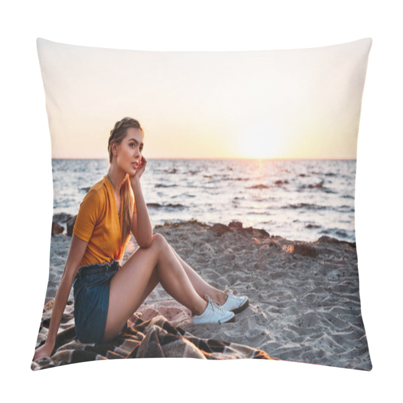 Personality  Pensive Young Woman Sitting On Plaid At Beautiful Sea Coast At Sunset  Pillow Covers