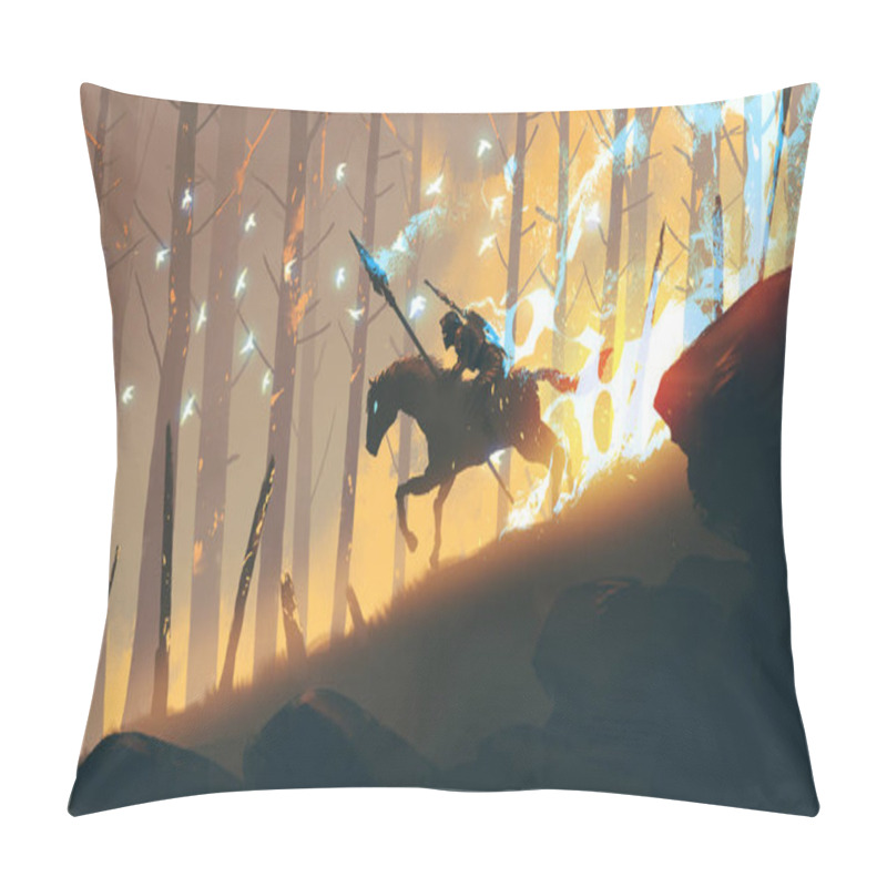 Personality  The Knight With Spear Riding A Horse Through The Fire Forest, Digital Art Style, Illustration Painting Pillow Covers